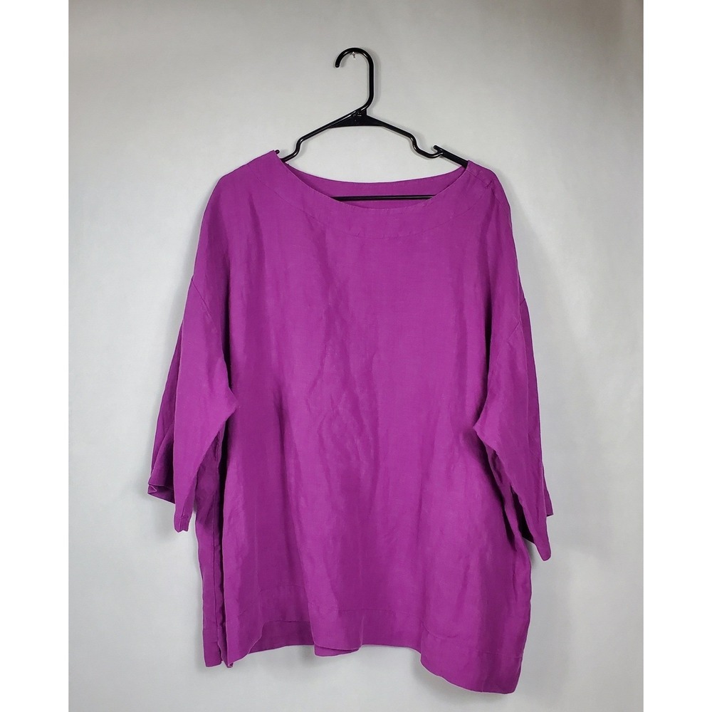 Bryn Walker Magenta Purple 100% Linen Boxy Tunic Top 3/4 Sleeve Made in USA OS